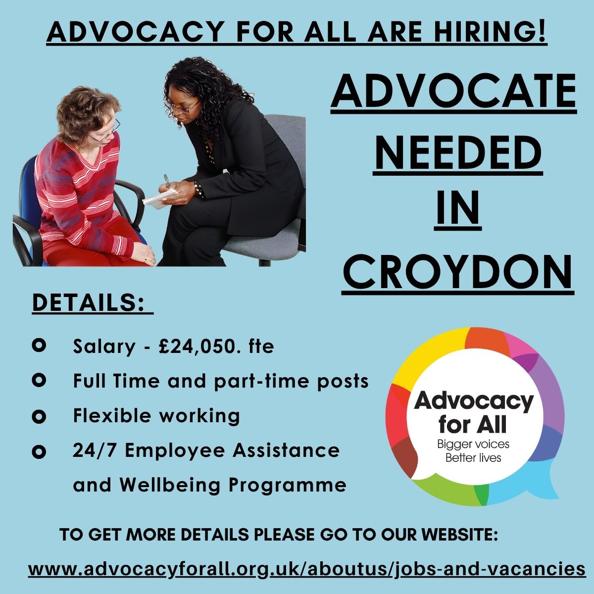 <a href="/biggervoice/">Advocacy for All</a> are recruiting! Advocate needed to work in Croydon! Please go to 

advocacyforall.org.uk/about-us/jobs-…

for more information on how to apply!

#BiggerVoicesBetterLives