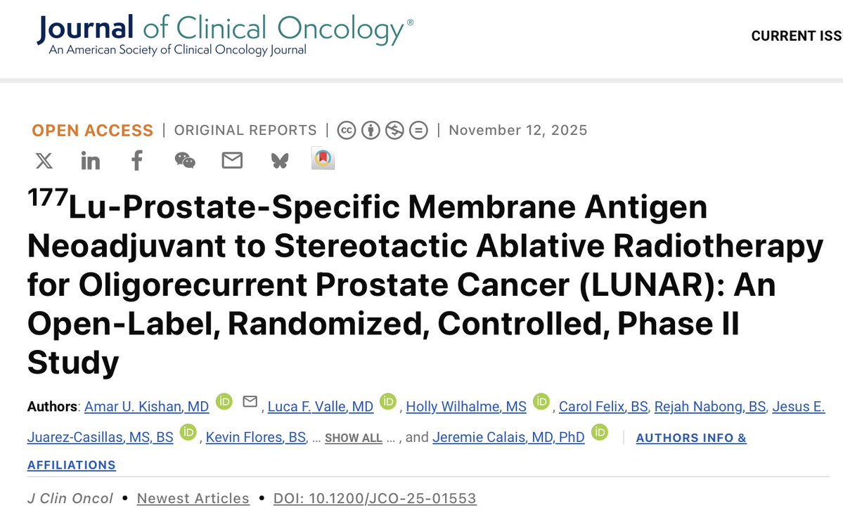 APCCC_Lugano's tweet image. 177Lu-Prostate-Specific Membrane Antigen Neoadjuvant to Stereotactic Ablative Radiotherapy for Oligorecurrent #ProstateCancer (LUNAR)

ascopubs.org/doi/10.1200/JC…

The phase II LUNAR trial (NCT05496959) evaluated whether adding neoadjuvant PSMA-targeted radioligand therapy…