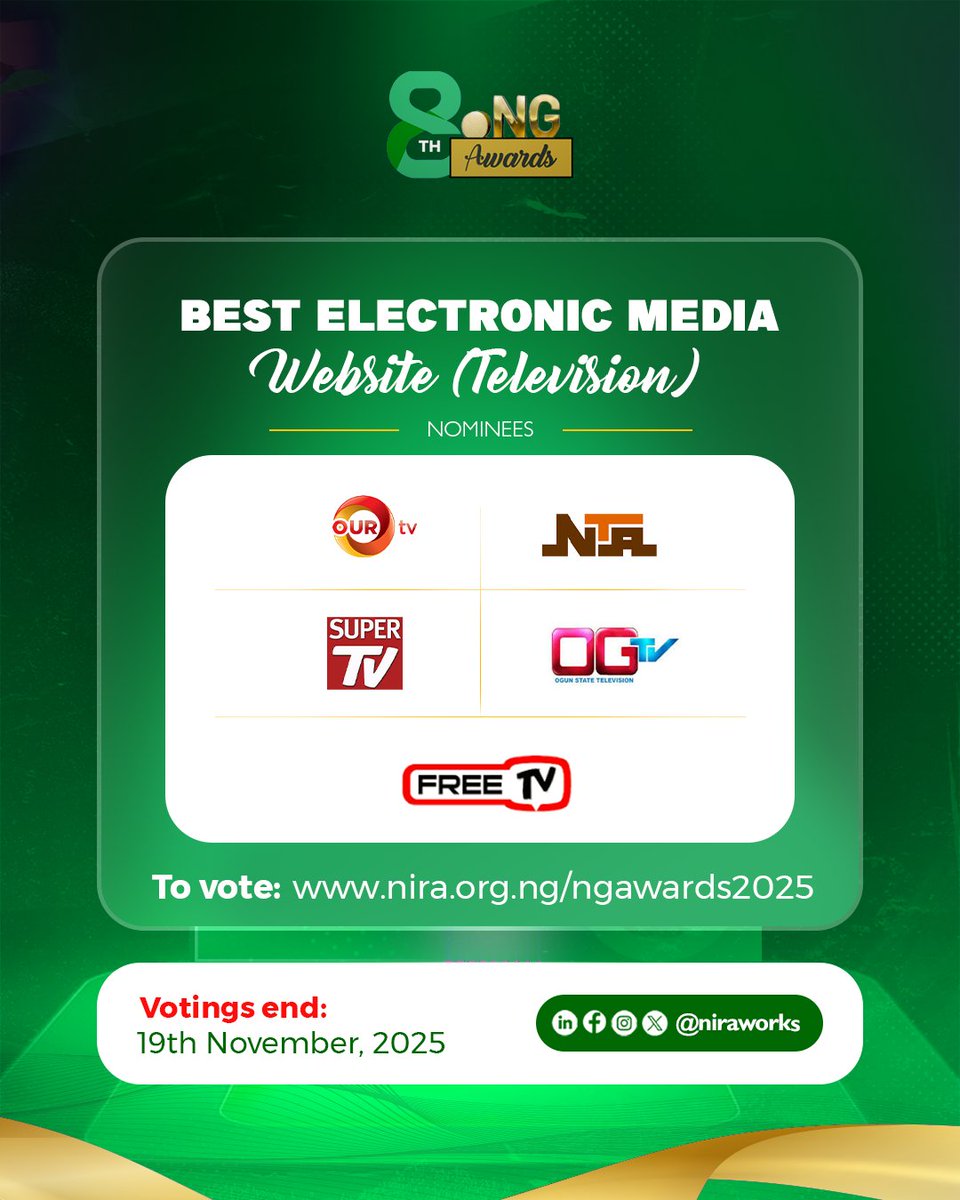 niraworks's tweet image. We’re proud to announce the nominees for Best Electronic TV Website/Portal.
@NTANewsNow, @ourtvng, @supertvng, @FreeTVNg, Ogun State Television.

These nominees are leveraging technology to deliver content seamlessly on the .ng domain.
nira.org.ng/ngawards2025