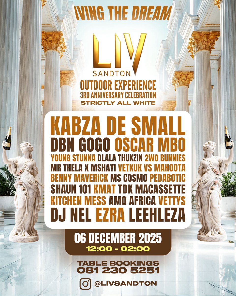 PianoConnectSA's tweet image. LIVSandton is celebrating its 3rd birthday celebration on the 6th of December with an All White Outdoor Experience. They have a star-studded lineup for the big day 🔥🔥. This is the one event one can’t missout on as we will be #LivingTheDream 💃🏾

📅: 6 December 2025
📍: 24…