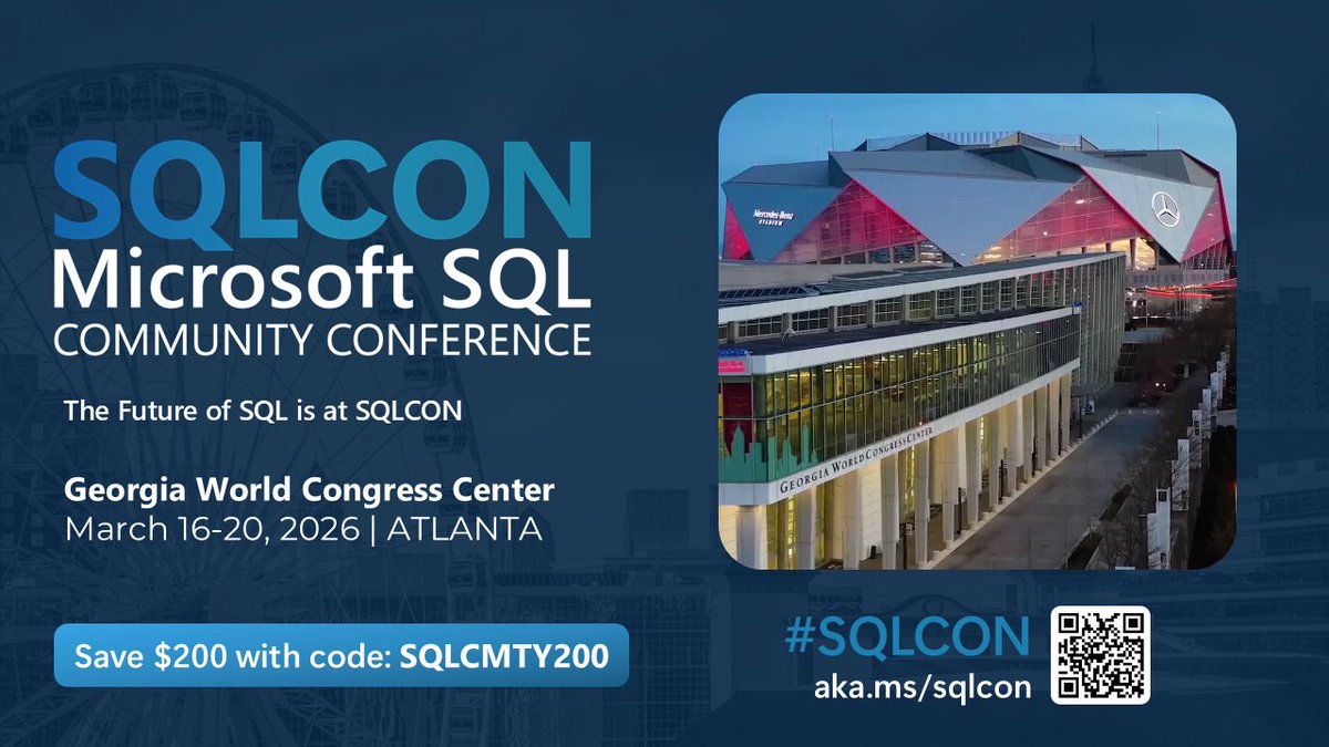 bobwardms's tweet image. Excited to be part of the first ever #sqlcon next March 2026 in Atlanta. The top experts from the #sqlfamily will be there along with @Microsoft speakers to give you the latest on #sql, ground to cloud to fabric. Register today at aka.ms/sqlcon.