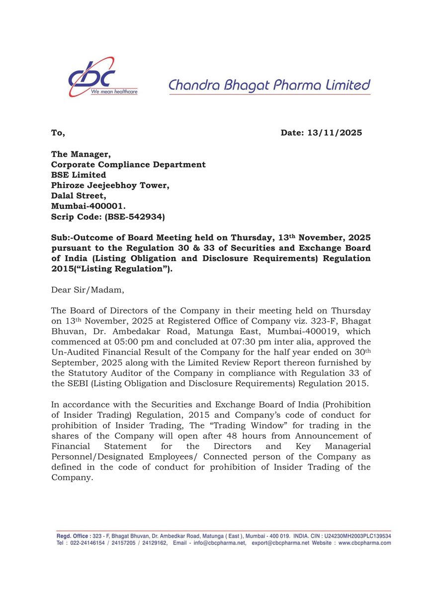 nileshkurhade's tweet photo. π Chandra Bhagat Pharma Ltd informed the exchange about its approval for the financial results for the period ended September 30, 2025. #SME #CBPL ππ§Ύ https://t.co/GU8h1JA45L