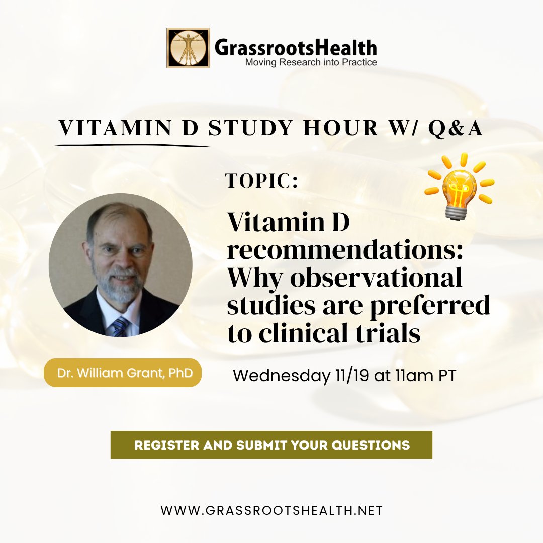 Upcoming GrassrootsHealth Study Hour: Vitamin D Insights with Dr. William Grant

Join us for an in-depth session with Dr. William Grant, internationally recognized vitamin D researcher, as he reviews the latest evidence on vitamin D and provides practical recommendations. This