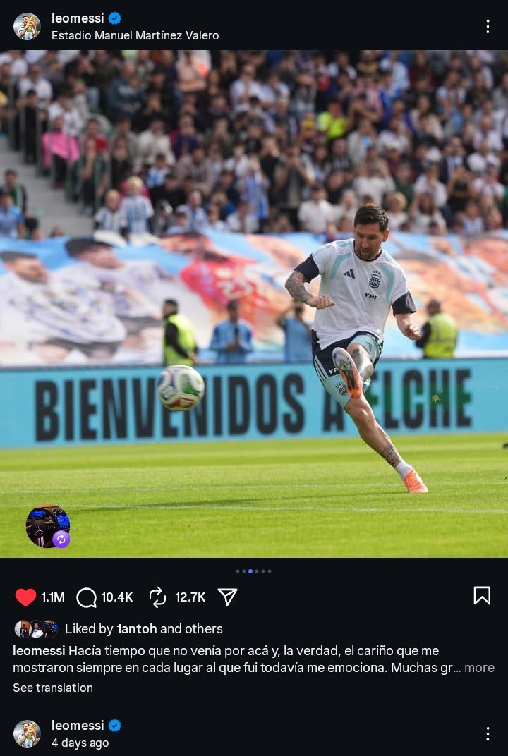 Messi's post in Elche has just hit 1.1 million likes in 30 Minutes 😱 🐐