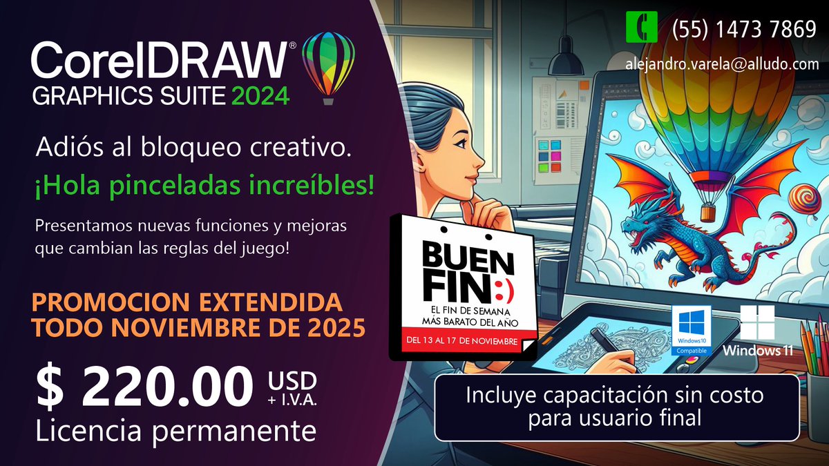 CorelMexico's tweet image. Aprovecha durante #elbuenfin precio especial en licencia permanente e incluye capacitacion técnica sin costo #diseño #coreldraw . Venta por medio de canal, se puede facturar. Precios para Latam