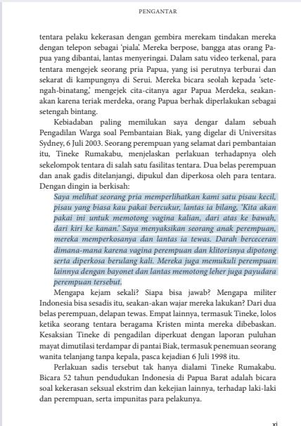 TW: Sexual violence, rape

"Saya melihat anak perempuan...darah berceceran di mana-mana karena vagina &amp; klitorisnya dipotong...Mereka juga memukuli perempuan dengan bayonet...memotong leher juga payudara"

Kesaksian Tineke Rumakabu soal kekejaman tentara saat Biak Berdarah (1998)