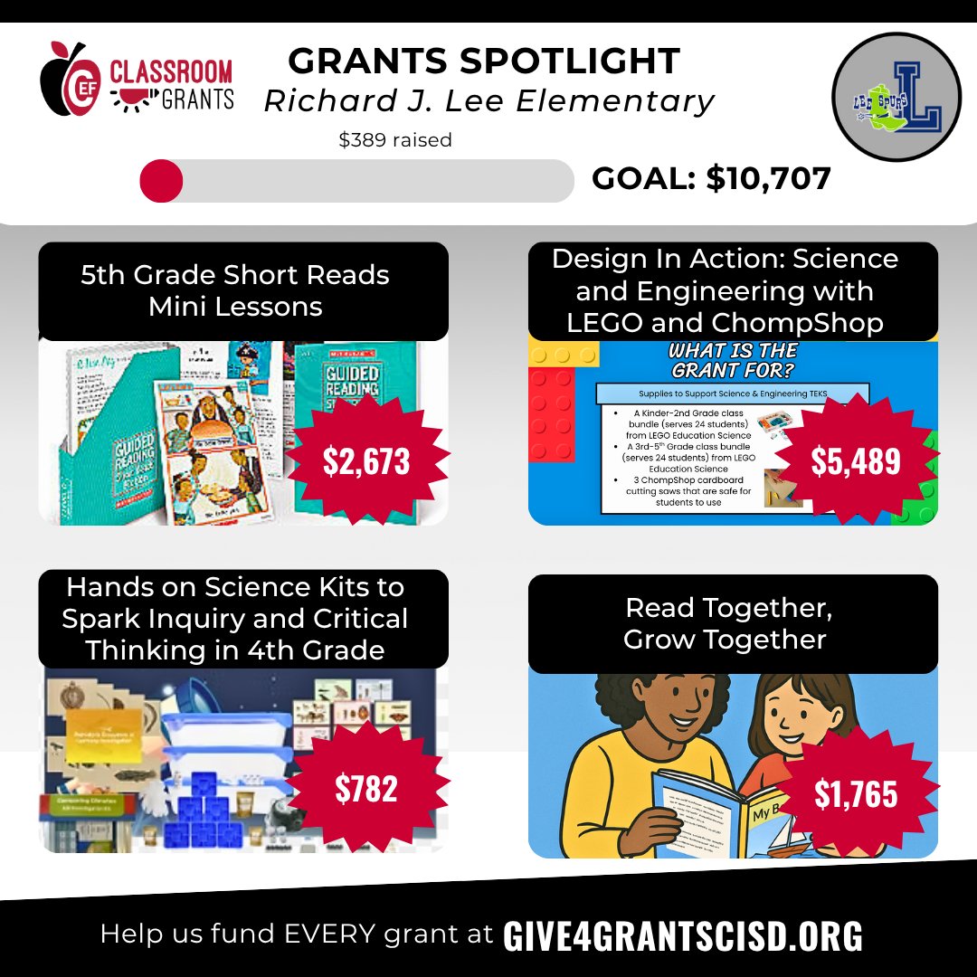 📚 Curiosity leads the way at <a href="/NetZeroLee/">Richard J. Lee Elementary</a>! 

From reading mini-lessons to hands-on LEGO engineering, these grants spark imagination and inquiry across every classroom.

Help curiosity thrive ➡️ fundraise.follettsoftware.com/p/r-j-lee-elem…

#CEF4CISD #theresnoplacelikecisd