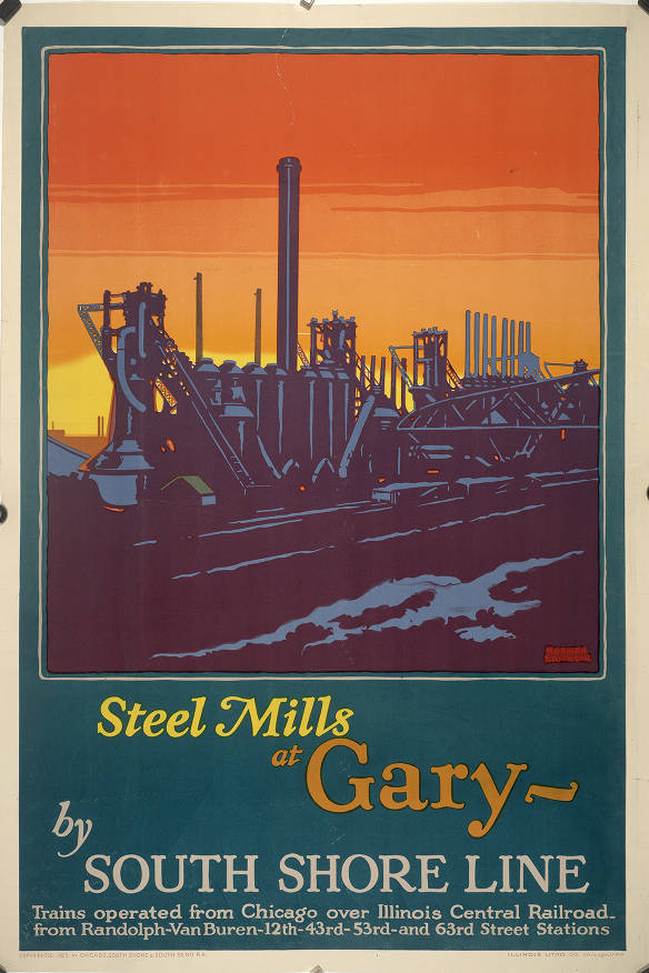 gmoult's tweet photo. industrial glow 

norman erickson, steel mills at gary shore shore line poster (1925) https://t.co/20geIfsJTu