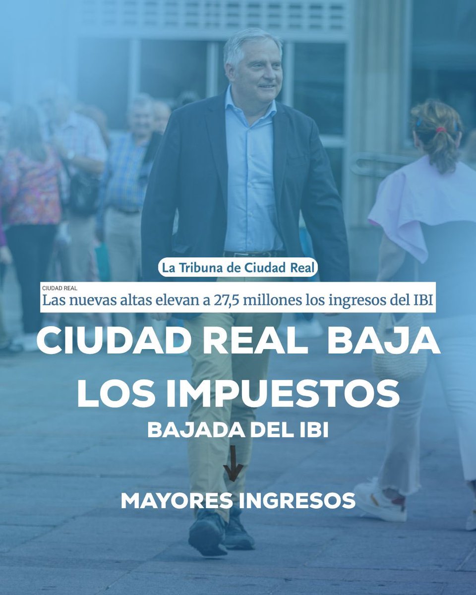 📉 En Ciudad Real bajamos los impuestos.
La reducción del IBI ya es una realidad: los vecinos pagan menos y el Ayuntamiento ingresa más gracias al crecimiento de la ciudad.

✅Gestión responsable.
✅Compromiso cumplido.