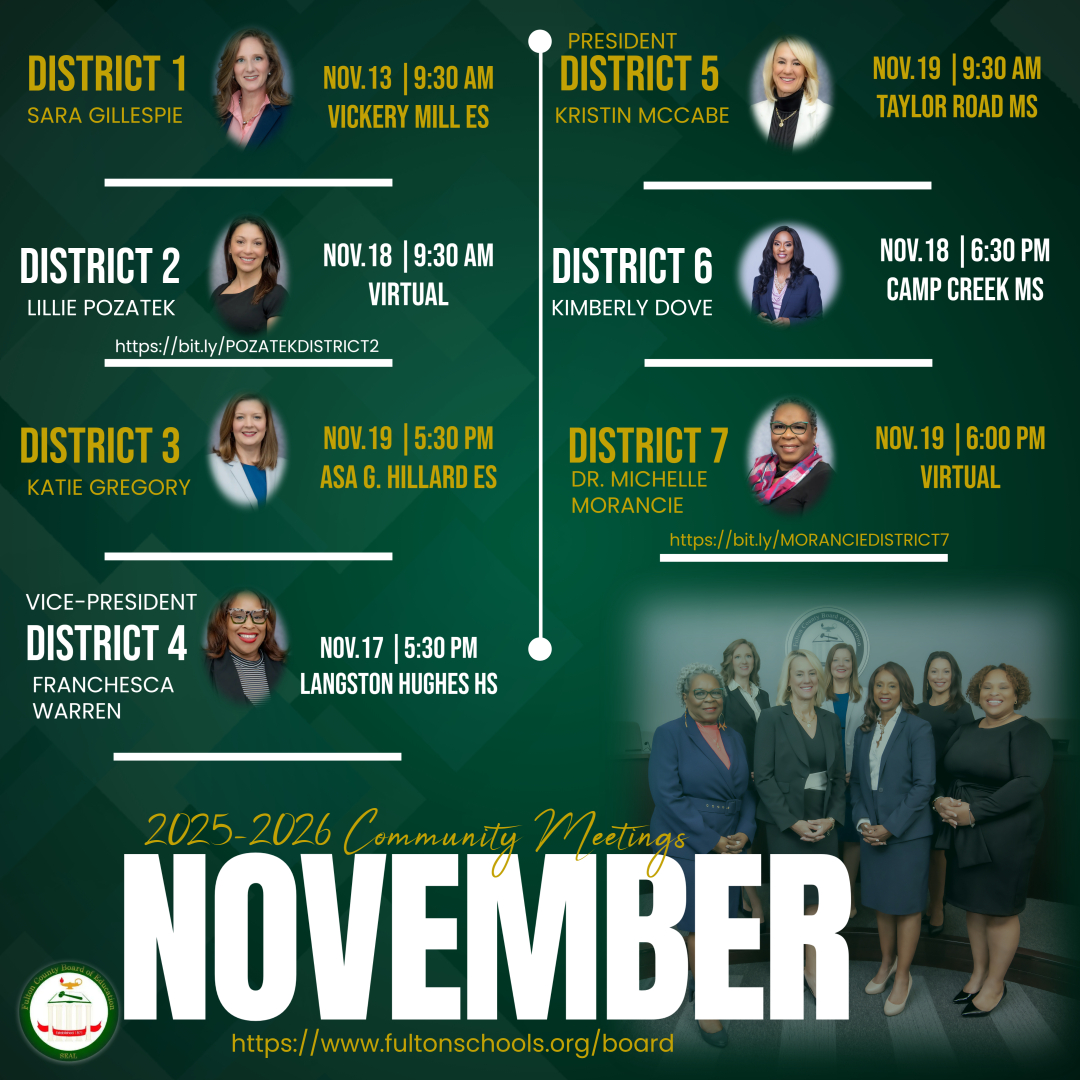 FultonCoSchools's tweet image. Mark your calendars for November 2025 Community Meetings! #FultonCountyBOE #FultonCountySchools

More info: fultonschools.org/board