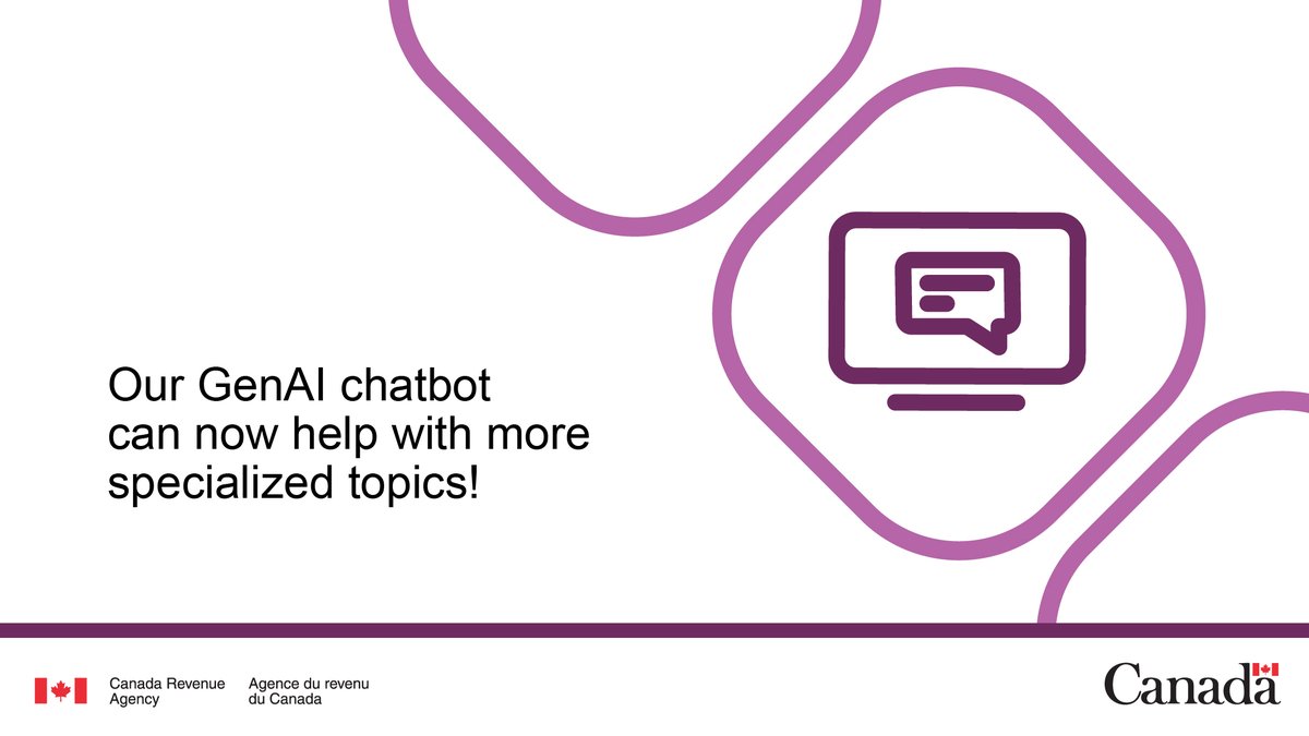 CanRevAgency's tweet image. We’re expanding our Chatbot content offerings to help you with more specialized topics. 

Stay up-to-date on all our service improvement updates here: ow.ly/vBGj50XozuI #CdnTax