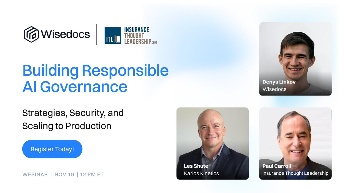 Wisedocsai's tweet image. AI in insurance is moving fast ⚡

Join @denyslinkov of #Wisedocs and @lesshute of Kairos Kinetics for an @ITLupdates
 #Webinar on Responsible AI Governance, moderated by Paul Carroll.

📅 Nov 19th, 12 PM ET
🔗 hubs.ly/Q03SbqK60