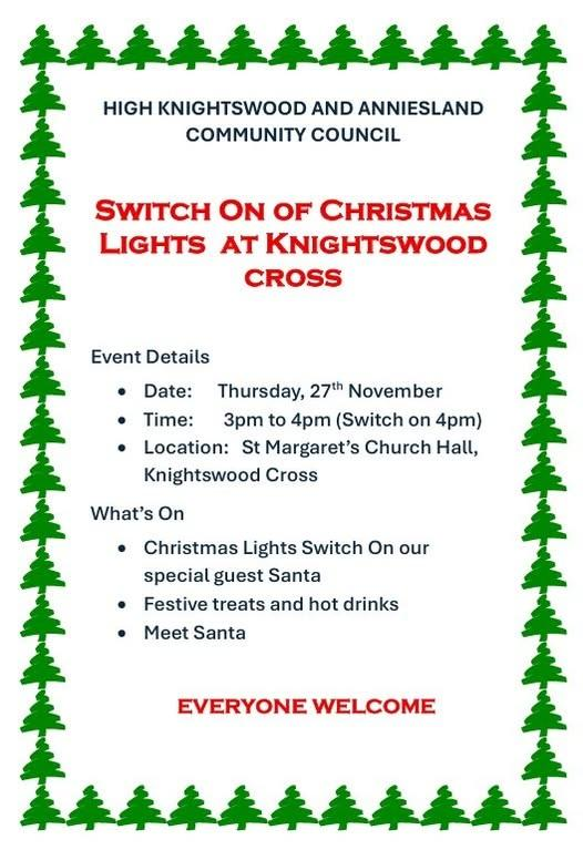 Knightswood Cross Christmas lights switch - on Thu 27/11. Over 170 attended this great event last year. 

Come &amp; met Santa &amp; enjoy some carol singing.