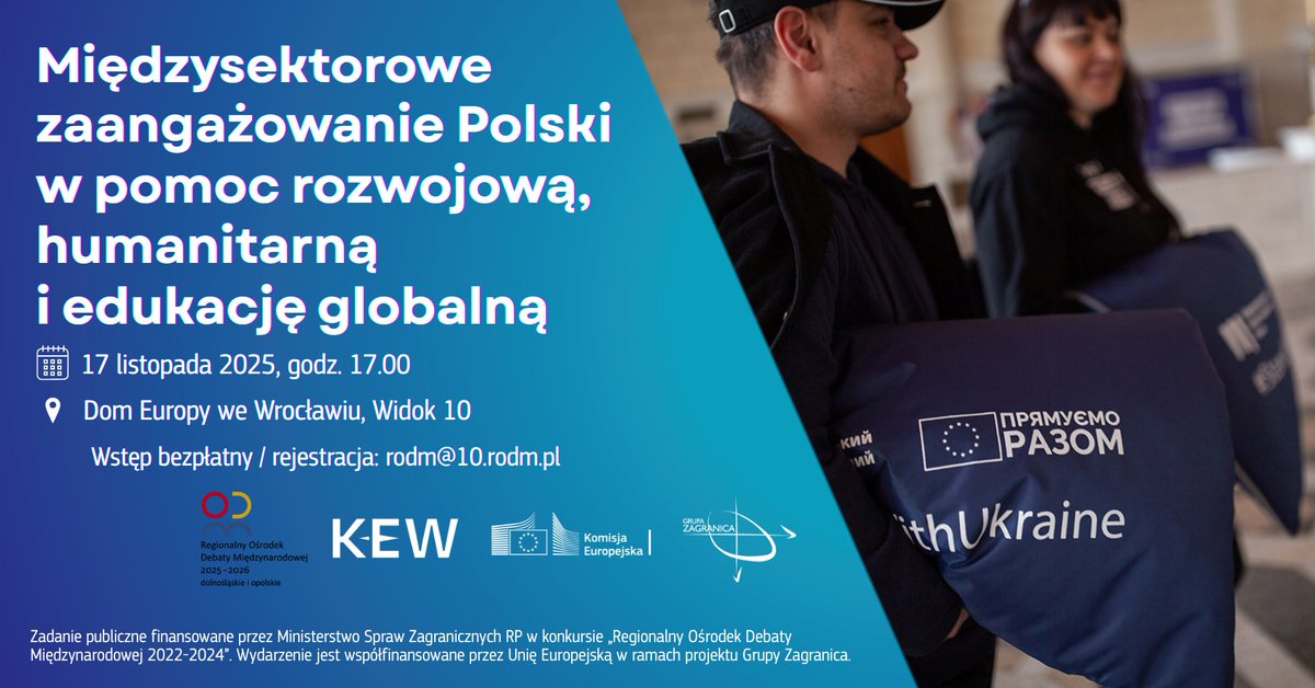 17 listopada o 17:00 we Wrocławiu (Widok 10) z <a href="/KolegiumWroclaw/">KEW</a> oraz <a href="/EUinWroclaw/">Komisja Europejska we Wrocławiu</a> organizujemy debatę o współpracy międzysektorowej w
<a href="/polskapomoc/">polska pomoc</a> -y rozwojowej, humanitarnej i edukacji globalnej.   

Wydarzenie dostępne stacjonarnie i online.
zagranica.org.pl/zaproszenie-na…

Zapraszamy!
