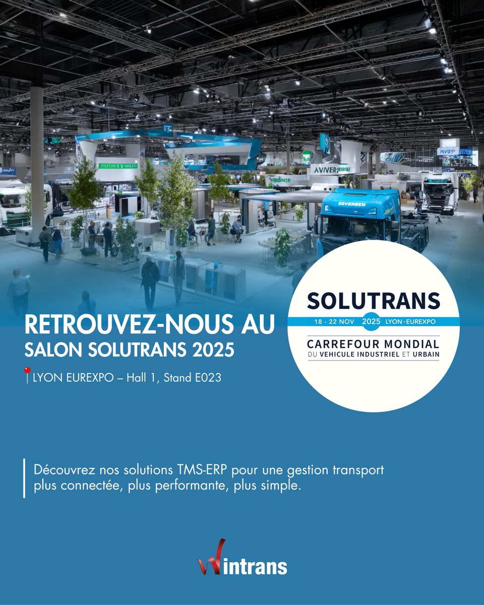WINTRANS_'s tweet photo. Wintrans sera à Solutrans 2025 !
📍 Hall 1 – Stand E023
📅 18 → 22 novembre 2025

#Solutrans2025 #Wintrans #Transport #Logistique #TMS #Digitalisation #Innovation #ERP #TransportRoutier #SalonPro #Urios https://t.co/YsWoRsTQrl