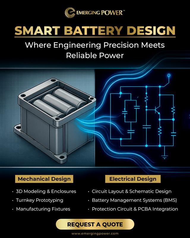 Emergingpower16's tweet image. Smart design meets smarter performance. 

👉 Request a Quote Today: emergingpower.com

#EmergingPower #BatteryDesign #SmartEnergy #BatteryEngineering #BatteryTechnology #EnergyStorage #CleanTech #PowerSolutions #MechanicalDesign #ElectricalDesign #BMS #ReliablePower