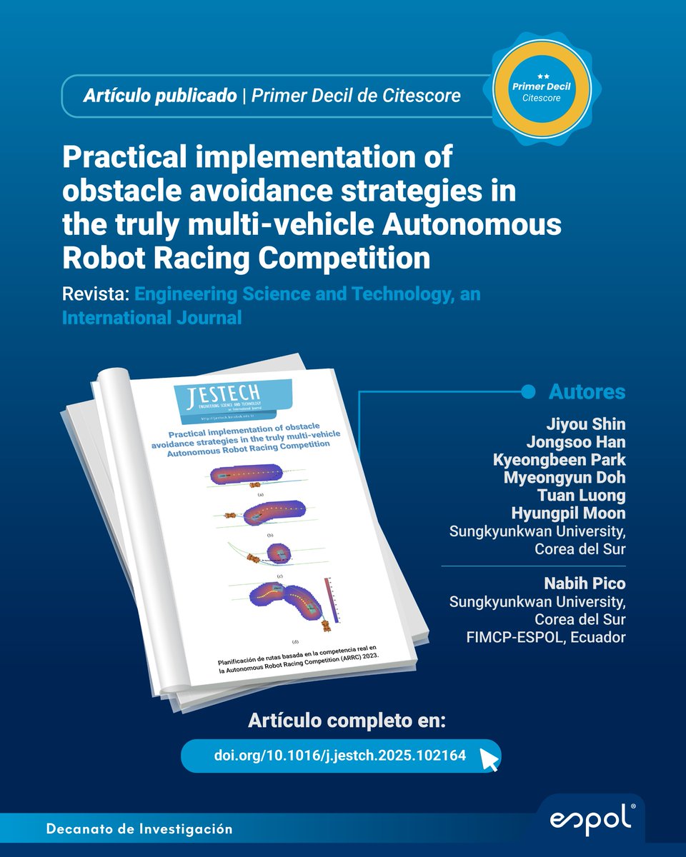 Destacamos artículo de primer decil que presenta un método para detectar y seguir vehículos no tripulados, planificar rutas seguras y controlar su velocidad y dirección. La validación se realizó en carreras robóticas tipo Fórmula 1.
🔗Más: doi.org/10.1016/j.jest… #ESPOLesCiencia
