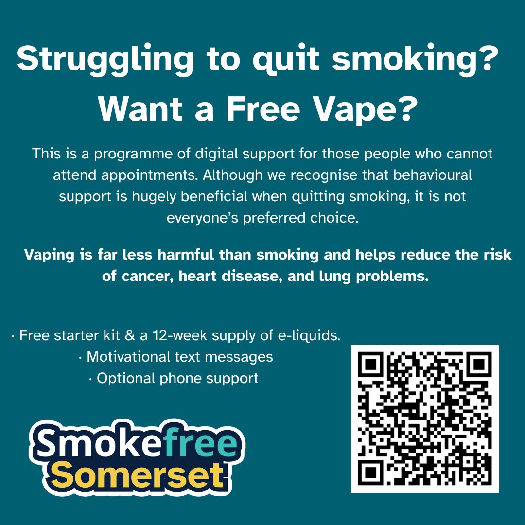 🚭 Ready to quit smoking?
Smokefree Somerset offers a FREE Flexible Light Touch programme for those who prefer no regular appointments
Find all options here: smokefreesomerset.org.uk
Refer now: service.somerset.gov.uk/light-touch-re…
#QuitSmoking
#YourHealthMatters
#PositiveChange
#BetterTogether