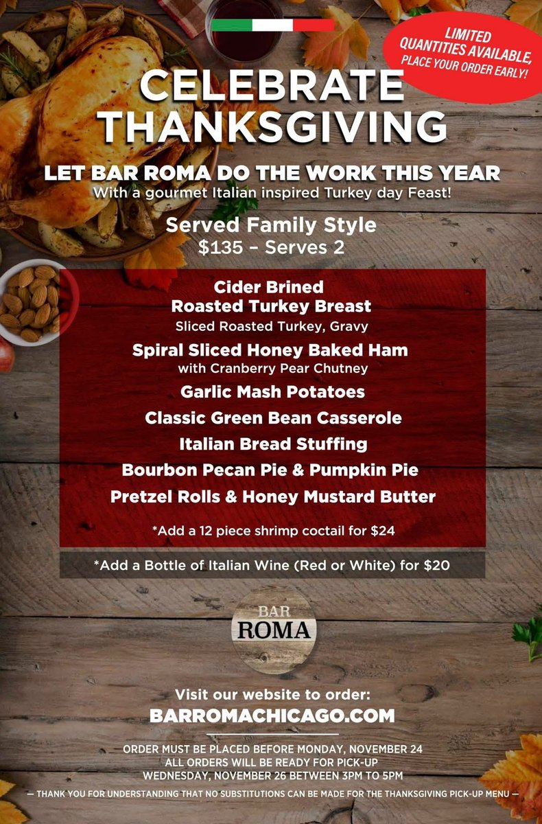 #Thanksgiving Day is just two weeks away! Let Bar Roma handle your holiday cooking with our Thanksgiving Dinner To-Go. Pre-order for pickup on November 26 by visiting BarRomaChicago.com 🦃 

#thanksgivingdinner #thanksgivingtogo #thanksgivingcarryout #barromachicago