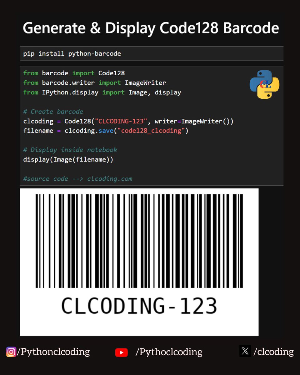 clcoding's tweet image. Generate &amp;amp; Display Code128 Barcode

Join Free whatsapp.com/channel/0029Va…