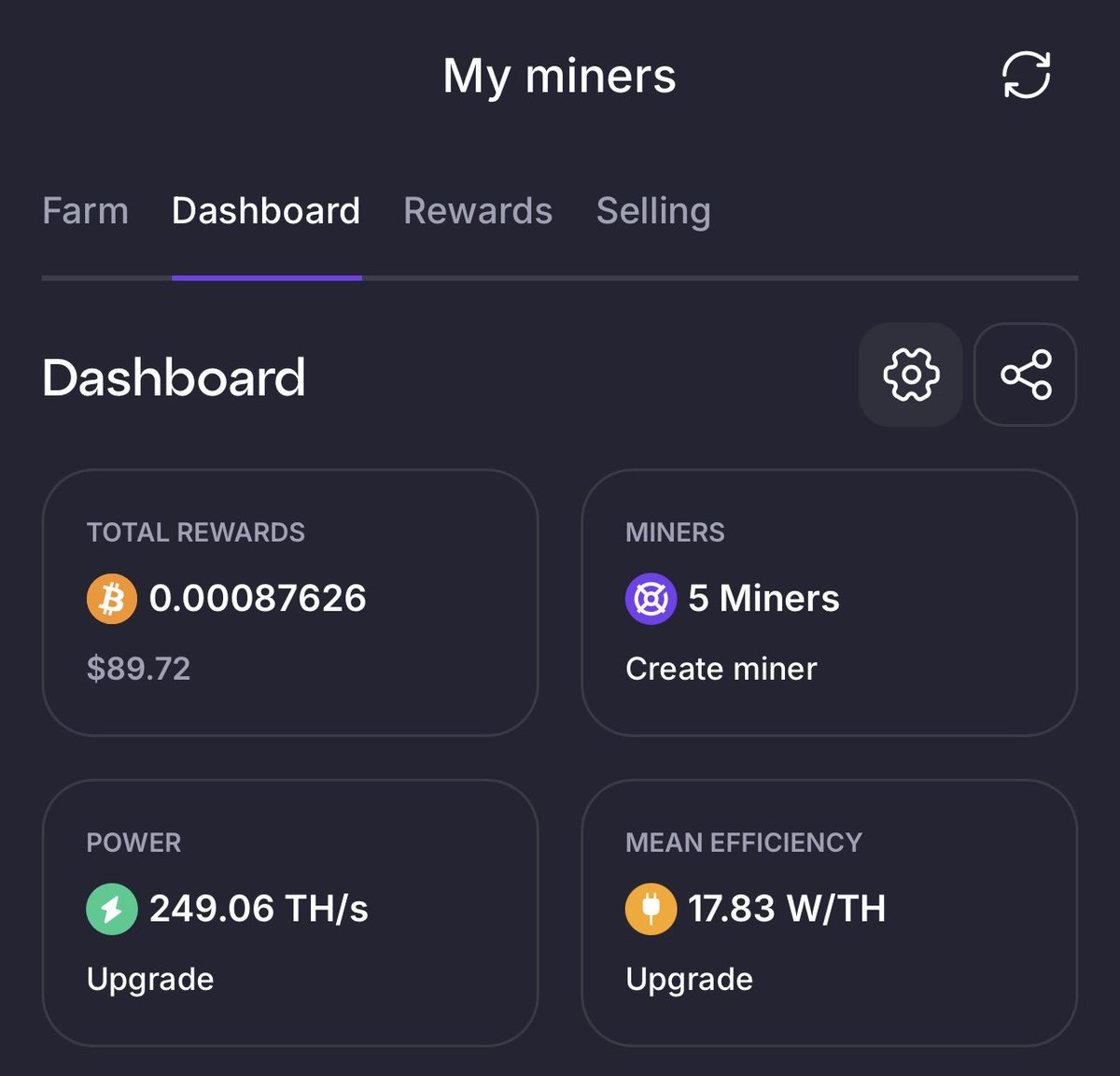 BlackLabi93's tweet image. GoMining Weekly Update 📈

⛏️ Power: 249.06 TH/s
🧱 Miners: 5 active
⚡ Mean efficiency: 17.83 W/TH
₿ Total rewards to date: 0.00087626 BTC ($89.72)

Hashrate has been climbing steadily this month as the chart shows. Next target is 250 TH/s while nudging efficiency lower with…