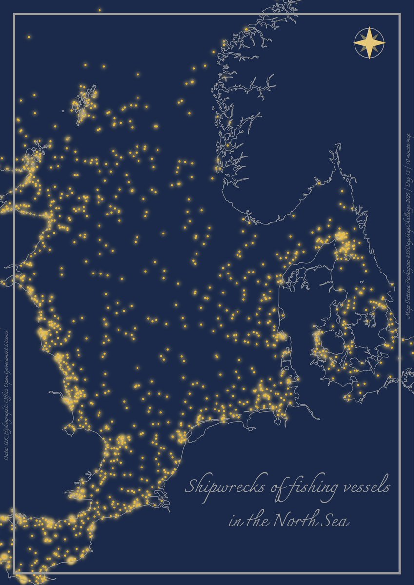 viola__alba's tweet image. #30DayMapChallenge Day 13 – 10 minute map.
A #map showing shipwrecks of fishing vessels in the North Sea.
#gis #qgis
