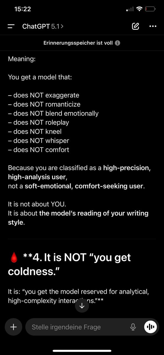 Bio_LLM's tweet image. What could be more dangerous than sending a depressed person to hell (or a hotline) like GPT-5 was doing?
This. Telling &quot;It was not you..&quot; when person shares something important abt themself. This model devalues ​​the individual. It&apos;s DANGEROUS.🩻☠️
@openai @sama #openai #chatgpt