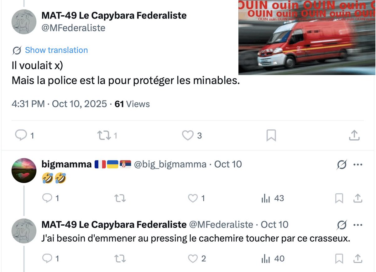 SebastianS54098's tweet image. D&apos;après MC Prout @MFederaliste la police serait là pour protéger les minables, ces propos n&apos;engagent bien sûr que leurs auteur. #Ouinouin #Hypocrite #Cassos
