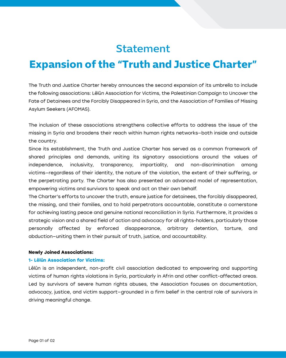 Caesarfamilies's tweet photo. The Truth and Justice Charter expands its umbrella with three new associations, strengthening our collective pursuit of truth, justice, and accountability for all detainees, the disappeared, and the missing in Syria.

#TruthAndJusticeCharter #Syria #MissingInSyria https://t.co/pokjhAa30h