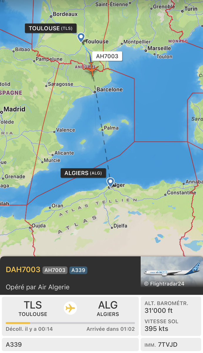 CH_LEBAD's tweet image. 🚨🚨🚨  ✈️ Airbus A339 7T-VJD  #DAH7003

Décollage vers #ALG 🇩🇿 du nouveau Airbus A339 #Air_Algérie en provenance du centre Airbus Toulouse - Blagnac. 

Bienvenue ✈️