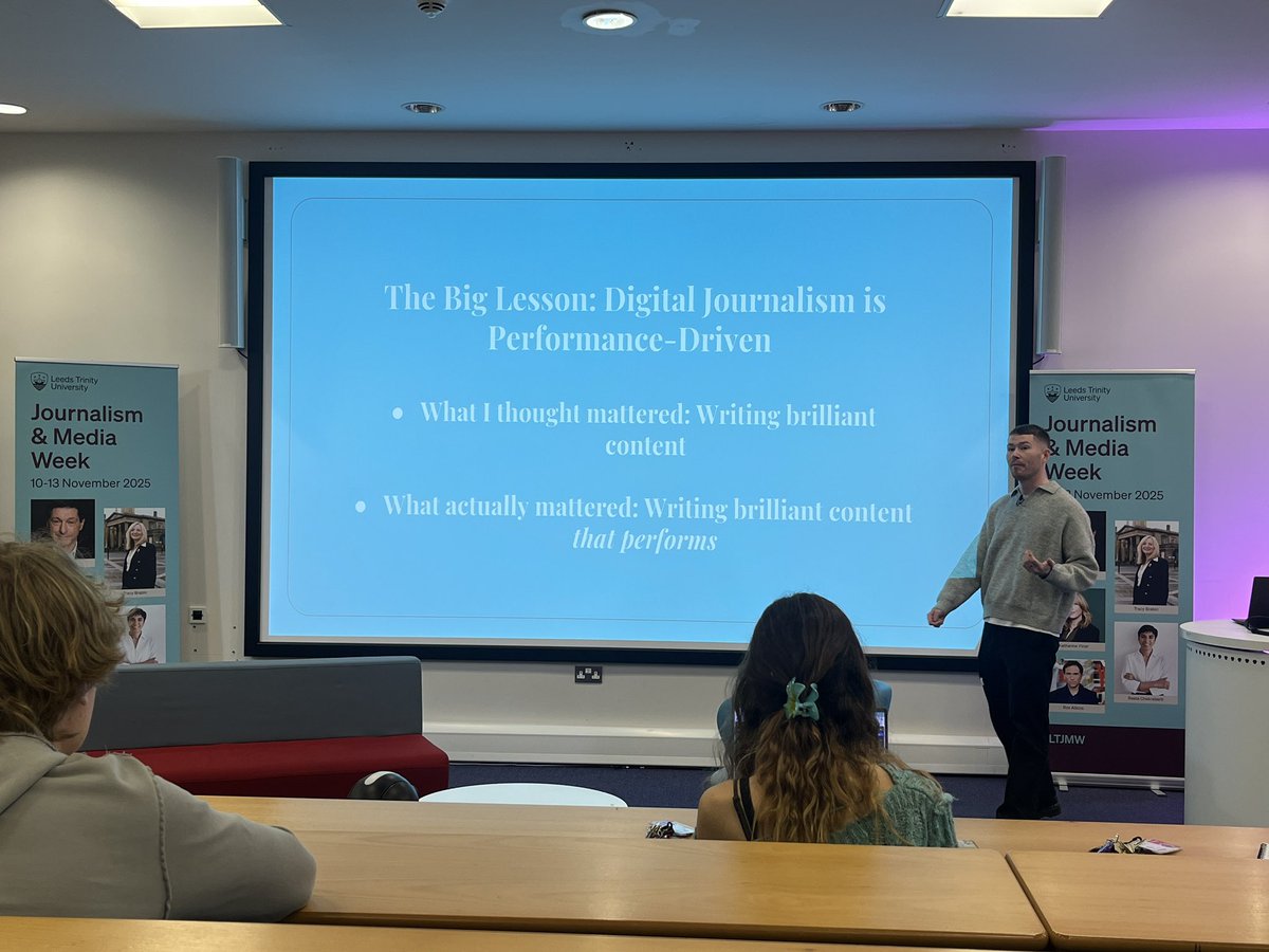 JournalismWeek's tweet image. ~Engaging Modern Digital Audiences~ Sports media in the digital age Insights from @KieranSmith08 at #LTJMW…📱⚽️

“@LeedsTrinity the foundation of my success” 

 #Sport #SEO #Media #LeedsTrinity