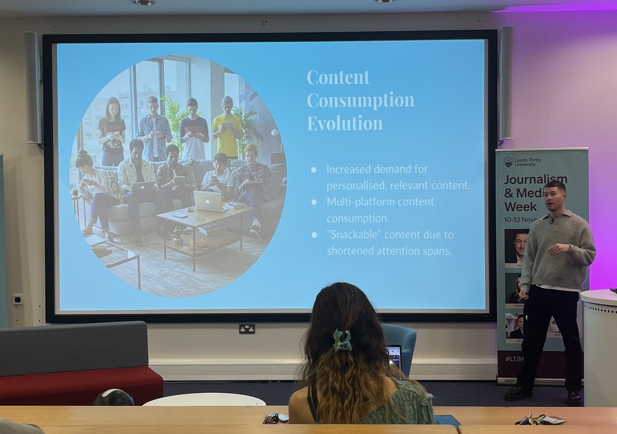 JournalismWeek's tweet image. ~Engaging Modern Digital Audiences~ Sports media in the digital age Insights from @KieranSmith08 at #LTJMW…📱⚽️

“@LeedsTrinity the foundation of my success” 

 #Sport #SEO #Media #LeedsTrinity