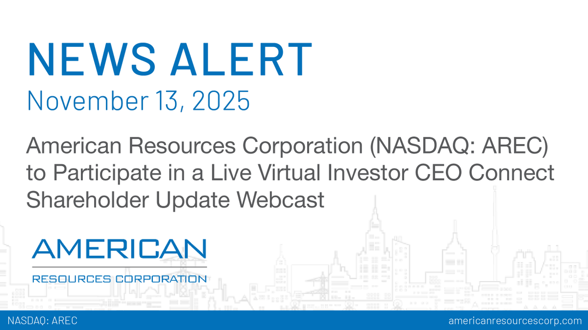 Amerresources's tweet photo. American Resources Corporation (NASDAQ: AREC) to Participate in a Live Virtual Investor CEO Connect Shareholder Update Webcast

https://t.co/TnIJNN0Shg 
$AREC #RareEarths #SupplyChain https://t.co/CRE62CaRck