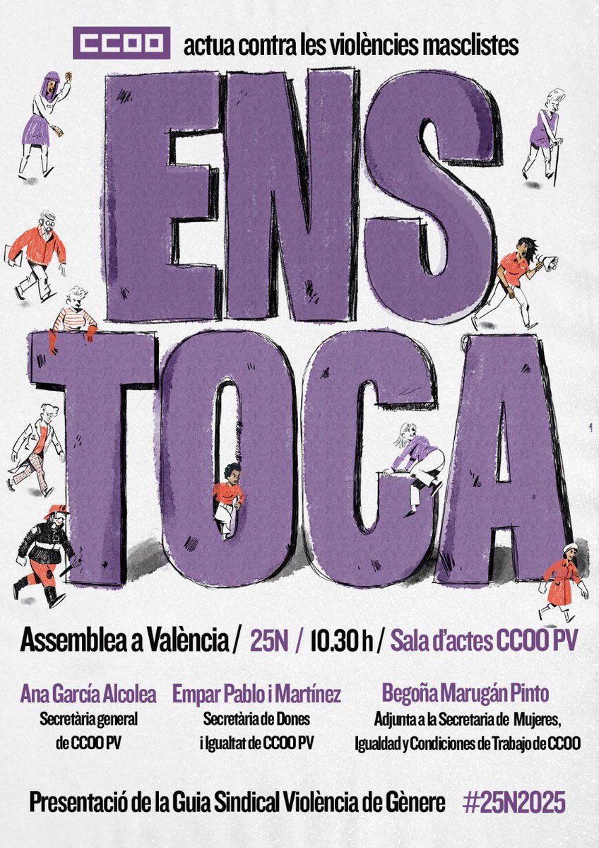 #EnsToca! Assemblea de <a href="/ccoopv/">CCOO País Valencià</a> a València contra les violències masclistes. El 25N, Dia Internacional per a l'Eliminació de la Violència contra les Dones, abordarem la prevenció, assistència i reparació de les violències masclistes en l'àmbit laboral i el seu entorn. T'esperem
👇