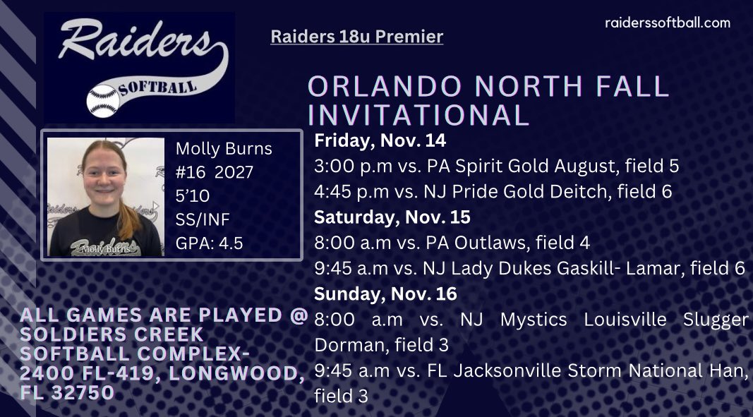 Heading down to Orlando for our last fall tournament!!☀️☀️
<a href="/raiderssbma/">Raiders Softball MA</a>