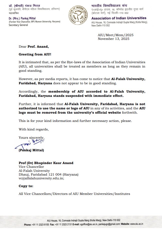 praffulgarg97's tweet photo. #BREAKING  The Association of Indian Universities (AIU) has suspended the membership of Al-Falah University in Faridabad, Haryana, with immediate effect. https://t.co/CgWkb96TzF