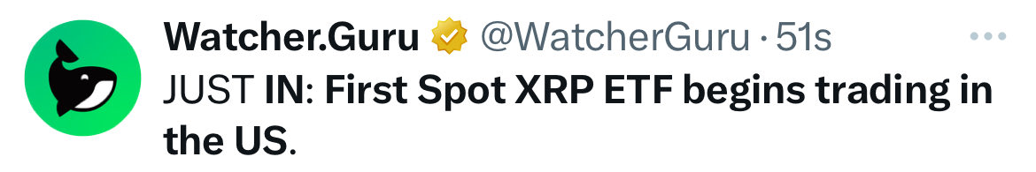 🚨 BREAKING NEWS:

THE FIRST SPOT #XRP ETF BEGINS TRADING IN THE U.S. 🇺🇸🙌🏼