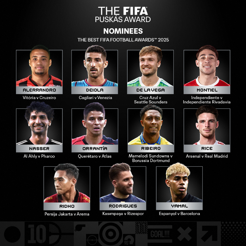 FIFAWorldCup's tweet photo. The FIFA Puskás Award 2025 nominees! 💫

Watch all the goals and cast your vote! 🗳️