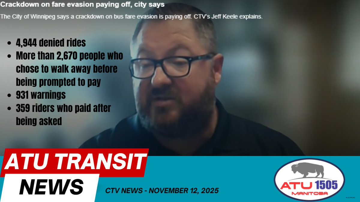 ATU 1505 Vice-President Derek Hanley discusses fare enforcement on Winnipeg Transit in an interview with CTV. #winnipeg <a href="/MFLabour/">Manitoba Federation of Labour</a> <a href="/WLC1894/">Winnipeg and District Labour Council</a> <a href="/cityofwinnipeg/">City of Winnipeg</a> <a href="/wpgpolice/">Winnipeg Police</a> #transitsafety