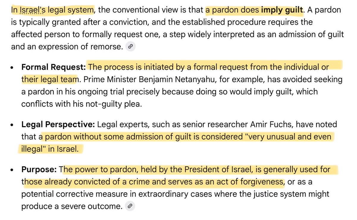 CarolinaOuest's tweet image. A pardon for Netanyahu legally implies guilt in Israel.

If Netanyahu is pardoned, would Netanyahu be considered guilty of the crimes he’s accused of?  Would this disqualify him from holding office?  #Trump #NetanyahuWarCriminal #Pardon