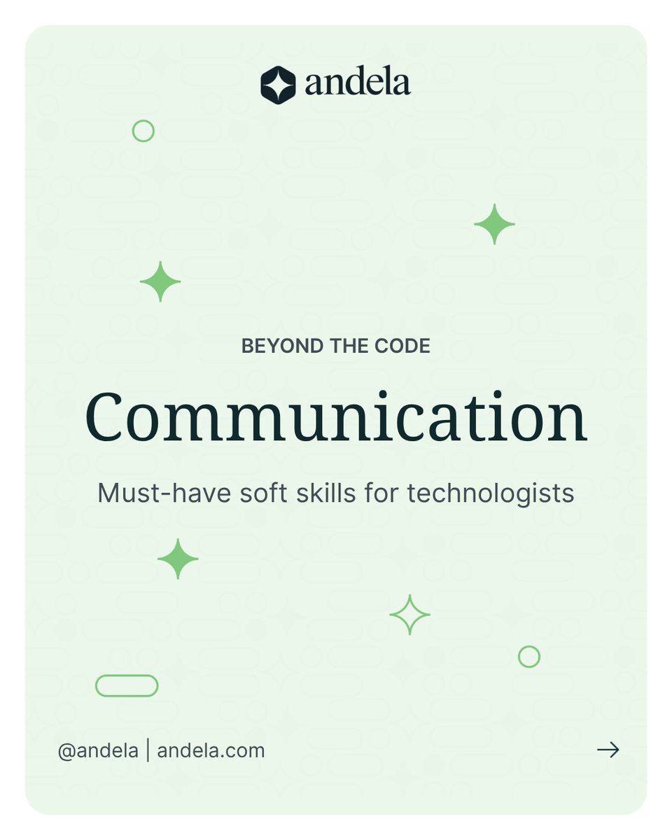 Andela's tweet image. Communication is one of the most important soft skills when working in remote teams. Let&apos;s discuss:

✦ Why it matters
✦ How it sets you apart
✦ Actionable tips to improve

What’s your best communication tip for remote work? Drop it in the comments!

#TechSkills #SoftSkills…
