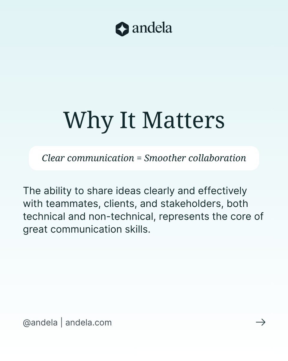Andela's tweet image. Communication is one of the most important soft skills when working in remote teams. Let&apos;s discuss:

✦ Why it matters
✦ How it sets you apart
✦ Actionable tips to improve

What’s your best communication tip for remote work? Drop it in the comments!

#TechSkills #SoftSkills…