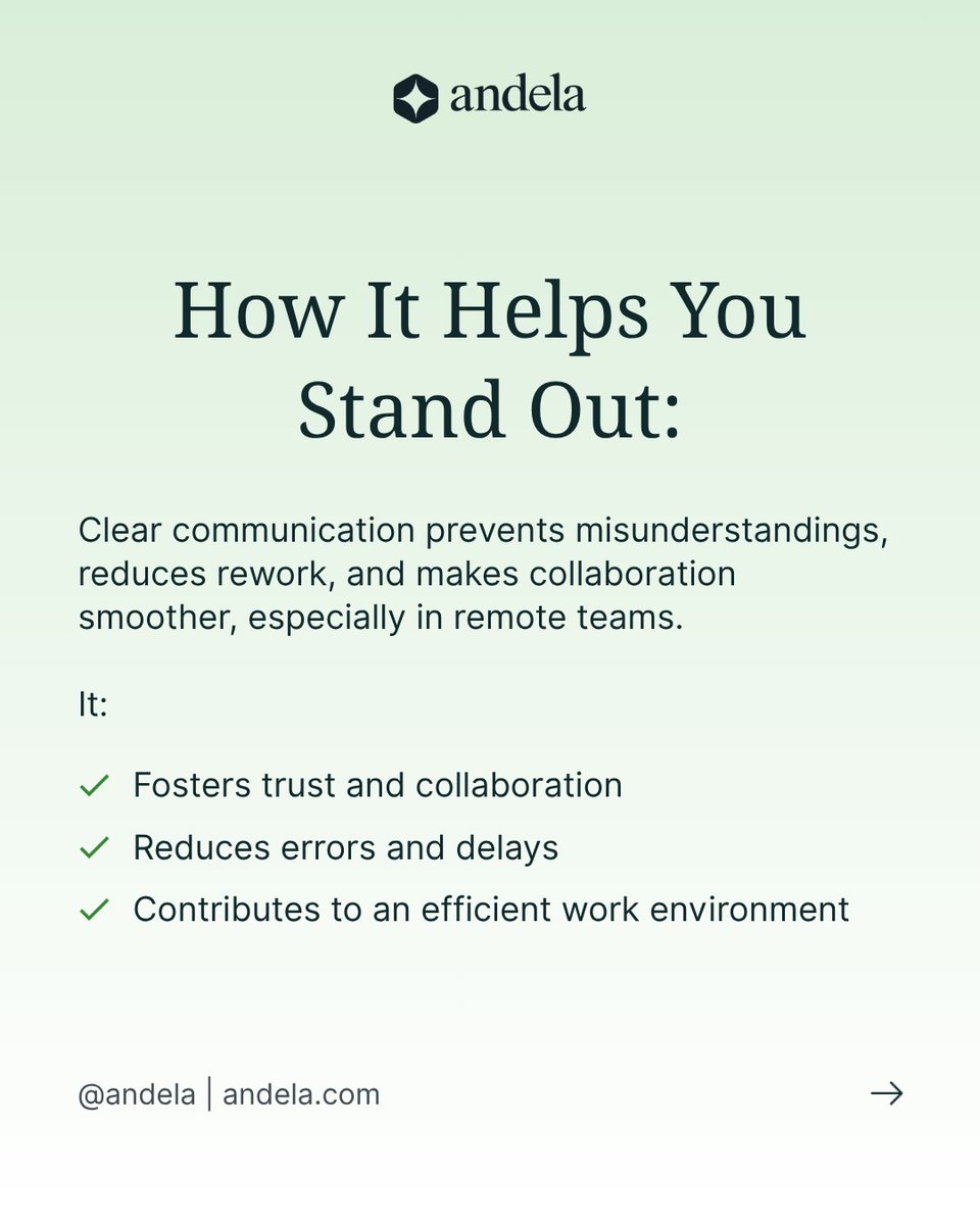 Andela's tweet image. Communication is one of the most important soft skills when working in remote teams. Let&apos;s discuss:

✦ Why it matters
✦ How it sets you apart
✦ Actionable tips to improve

What’s your best communication tip for remote work? Drop it in the comments!

#TechSkills #SoftSkills…