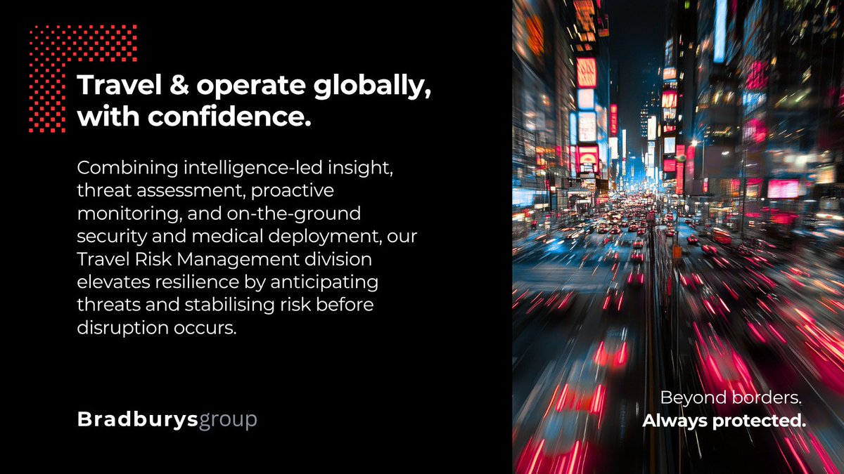Through intelligence-led risk assessments, GPS traveller tracking, crisis alerts and global security support, we enable individuals and organisations to travel and operate with confidence.

Discover more: bradburysgroup.com/our-divisions/… 

#TravelRisk #DutyOfCare #GlobalMobility