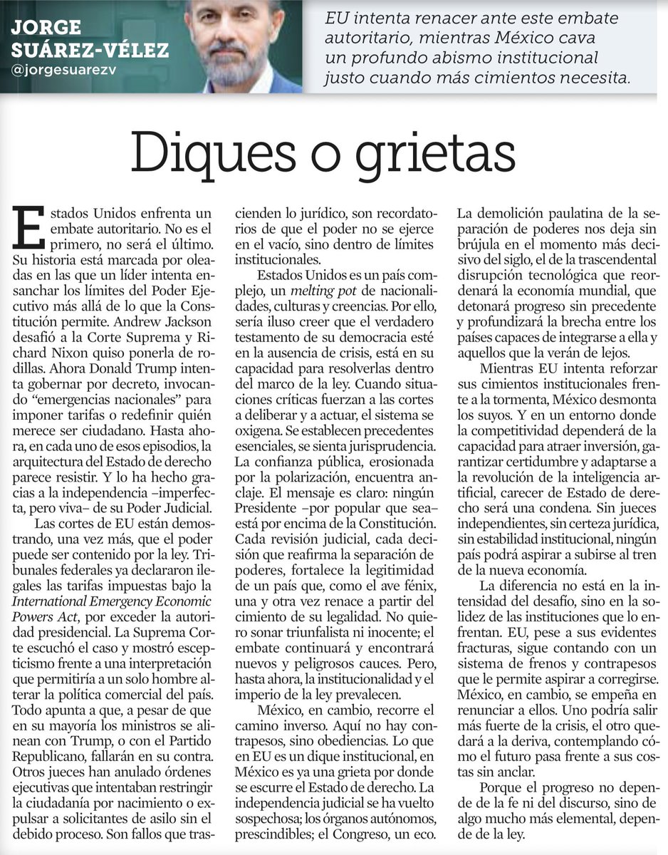 En 🇺🇸hay contrapesos, uno muy grande es su suprema corte que impide que un hombre imponga su voluntad

En México en cambio no hay contrapesos, hay una corte supeditada al ejecutivo que no da certeza jurídica

Mientras EU intenta reforzar sus cimientos institucionales frente a la