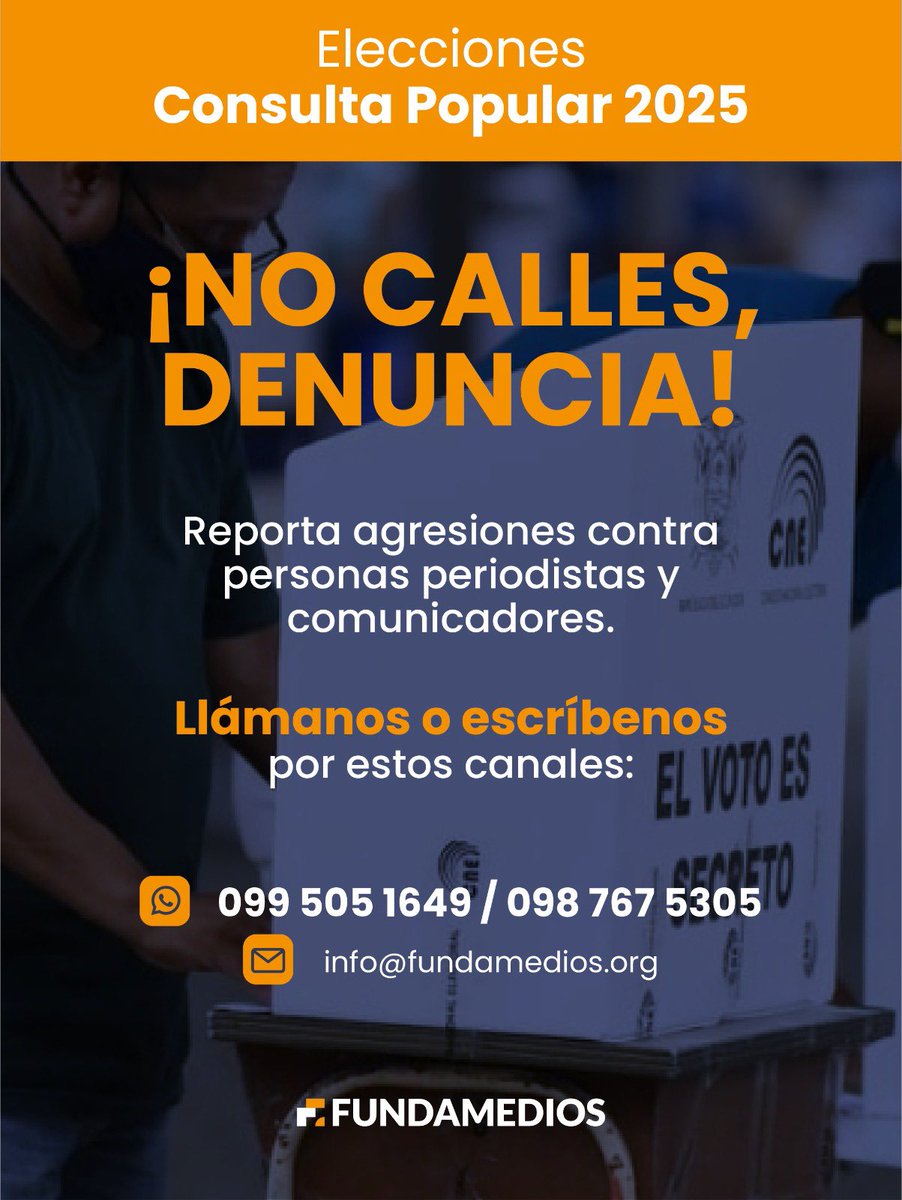 FUNDAMEDIOS's tweet image. 🛑🗞️ La prensa no se calla. Si restringen tu trabajo este domingo 16 de noviembre, documenta, preserva evidencia y denuncia por los canales de atención.

 Rutas y formatos en la Caja de herramientas ➡️ fundamedios.org.ec/wp-content/upl…

 #ReferéndumYConsulta2025 #VotoInformadoEc…