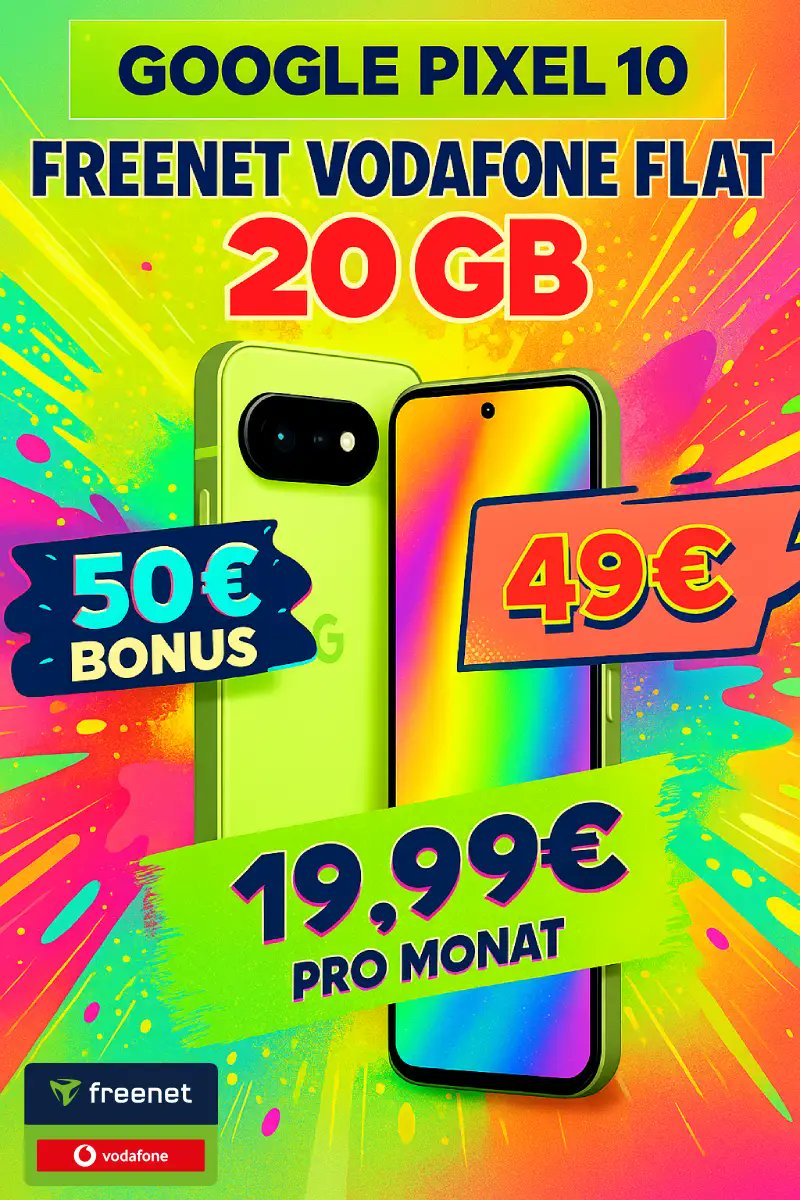 simdealz's tweet image. 🚨 #GOOGLE PIXEL 10 DEAL 🚨  

💸 19,99 €/Monat + 49 € einmalig = EFFEKTIV GRATIS!   ✅ 20 GB 5G #Freenet #Vodafone
✅ Allnet-Flat 
✅ 112 € Ersparnis  

Nur noch bis November! 🔥  simdealz.de/google-pixel-1…