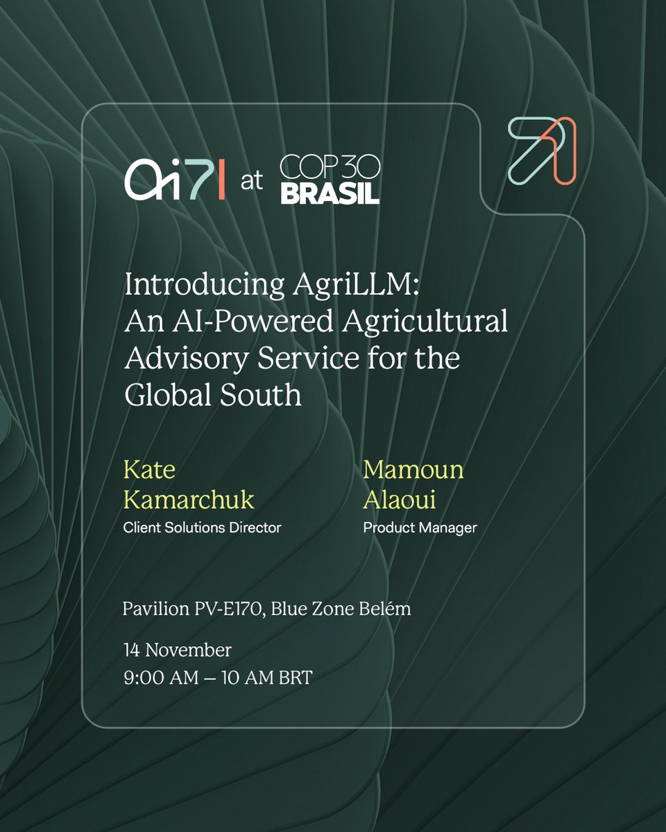 ai71official's tweet image. The measure of climate progress isn’t in innovation alone - it’s in how it reaches those most affected by change.
At @Cop30noBrasil, within the Food &amp;amp; Agriculture Pavilion led by @CGIAR, global science leaders, policymakers, and innovators are coming together to explore how AI,…
