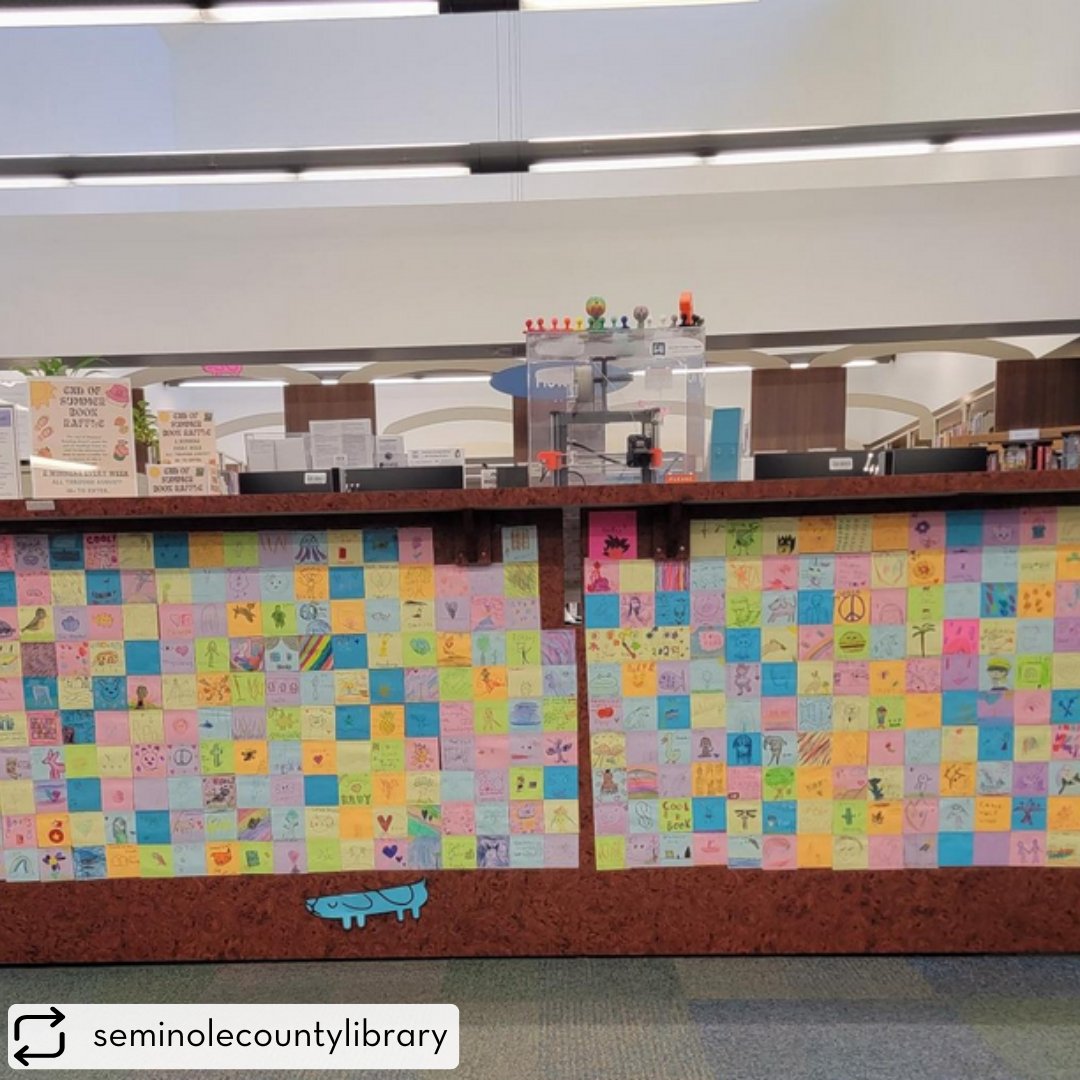 Repost @seminolecountylibrary STICKY NOTE ART: Take a look at the art librarygoers created to decorate the desk at the West Branch Library!