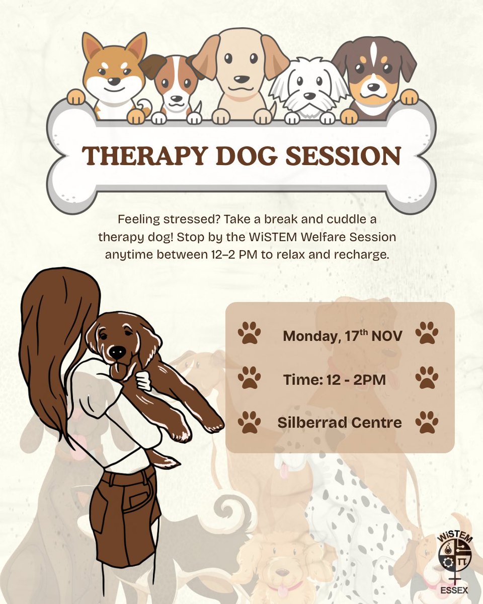 Feeling stressed? Come join us for our WiSTEM Welfare Social where our furry little friends will help you take your mind off things and relax 🐾

📅 Monday, 17th Nov
🕛 12–2 PM
📍 Silberrad Centre

We can’t wait to see you there 🫶